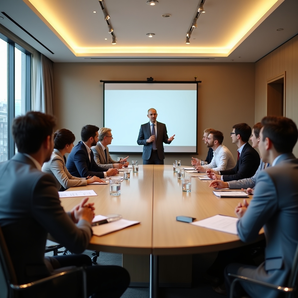 Group coaching cohort session in a modern meeting room with eight participants engaged in discussion