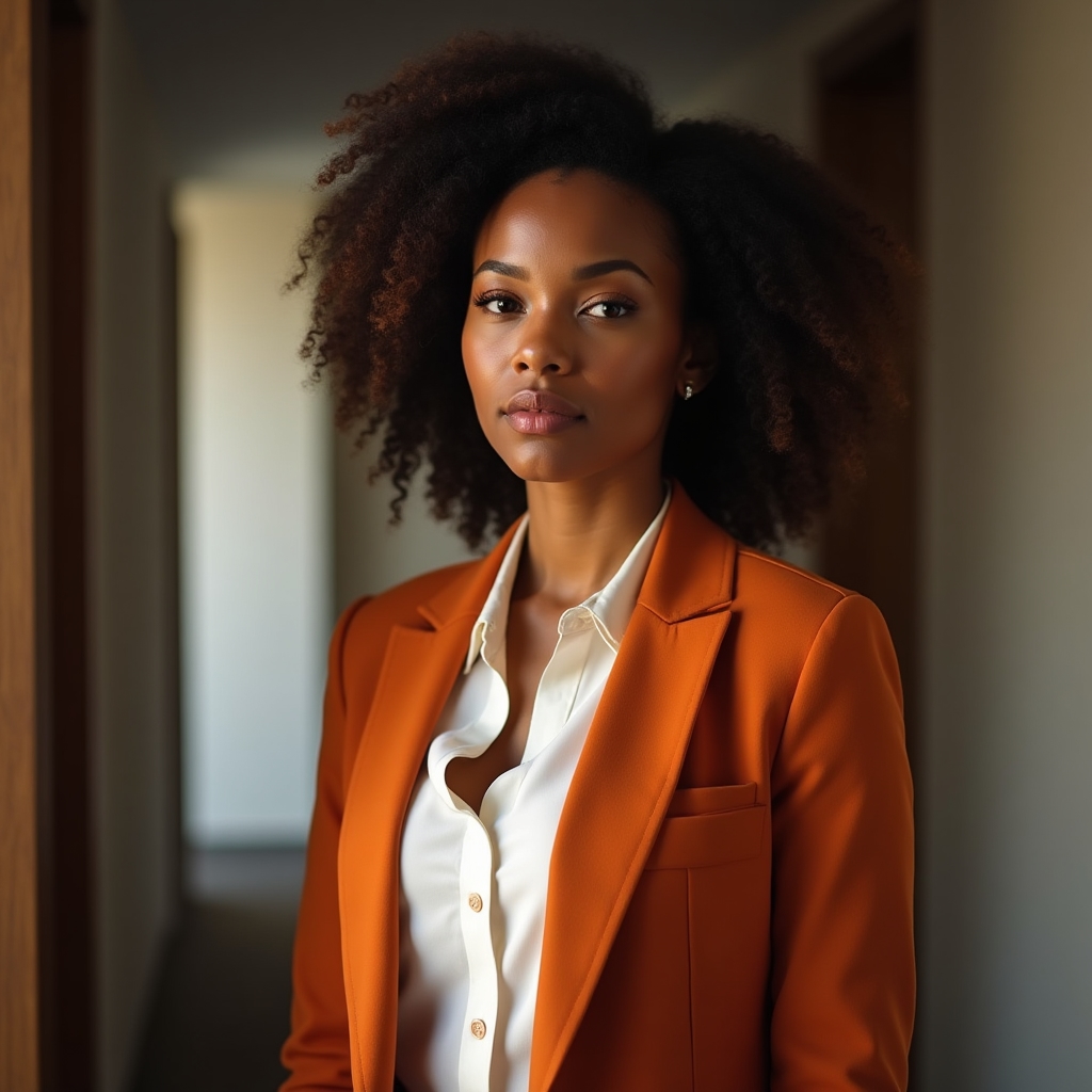 Confident first-time manager in a professional setting looking thoughtful and engaged