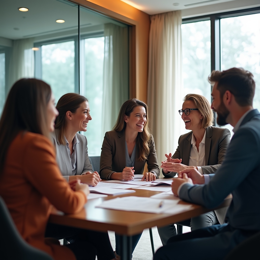 Small group of managers in animated peer discussion around a table